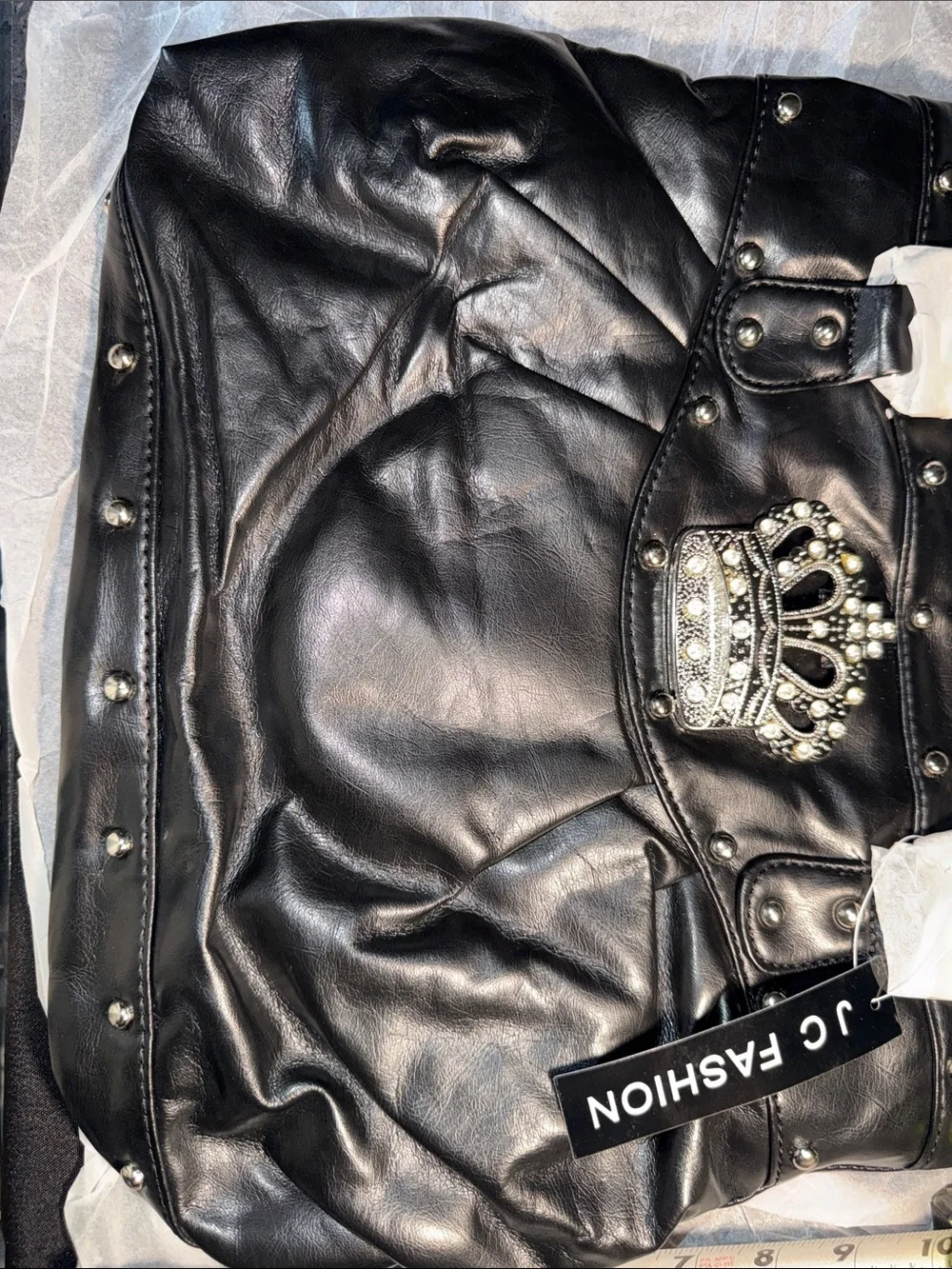 JC Fashion Black Studded Hobo Bag with Jeweled Crown Accent